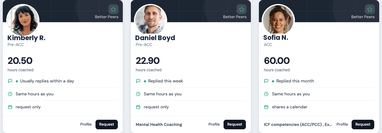 The Better Peers coach directory, showing three coach cards with credential stage and hours coached.