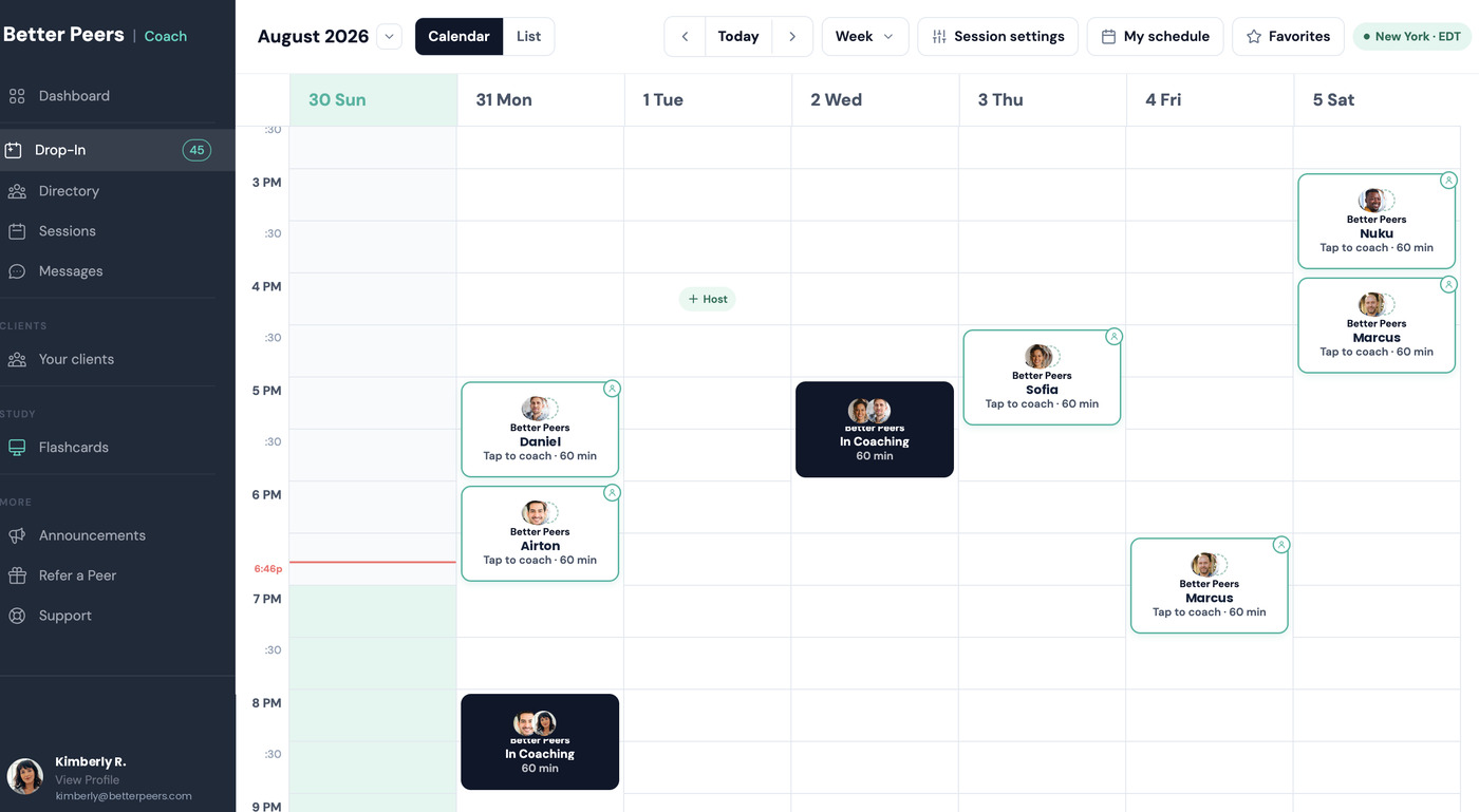 The Drop-In calendar for a week, showing open coaching times posted by several coaches.